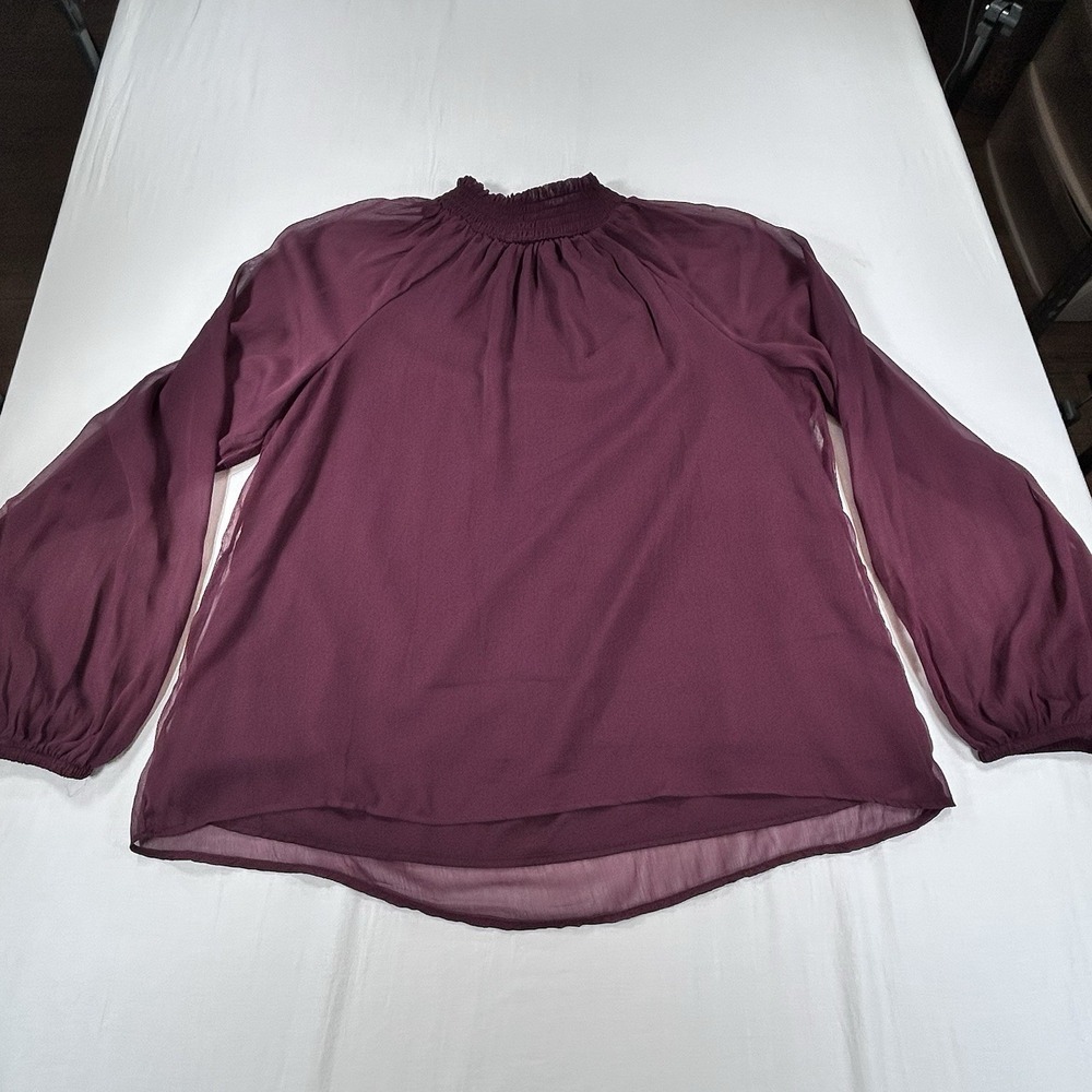 Joie Sheer Blouse L Smocked Mock Neck Long Sleeve Top Burgundy Elegant Lined